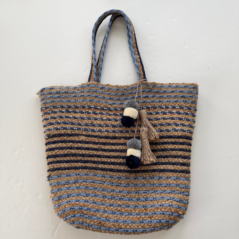 Universal Thread Jute Tote Bag Blue Tan Striped Woven Straw Pom Pom Tassel Large